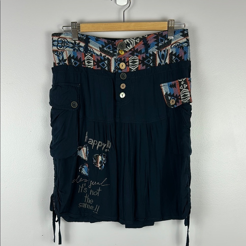 Desigual Aztec Embroidered Knitted Waist Mismatch Buttons Skirt Medium EU 4 Blue - Picture 2 of 13